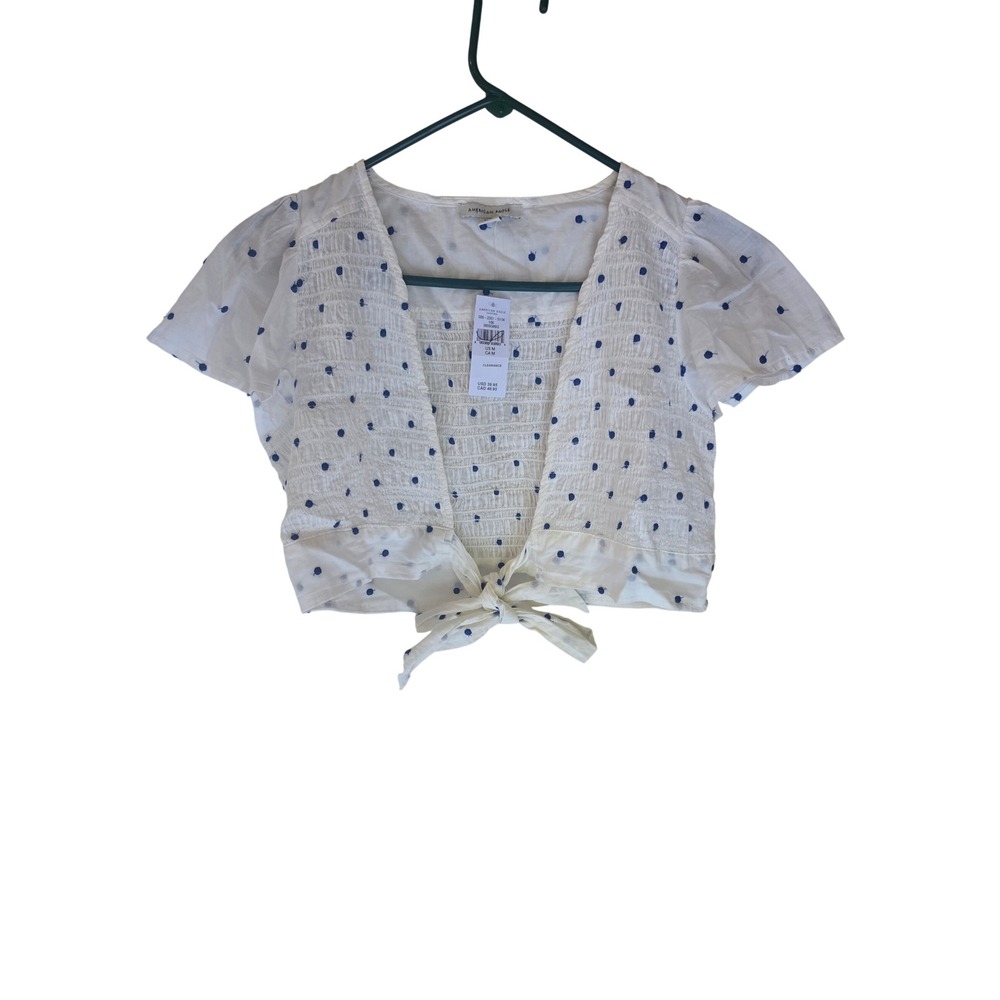American Eagle White Blue Polka Dot Smocked Tie Front Crop Top NWT Size M